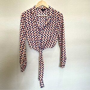 Geometric Patterned Tie-Front Blouse